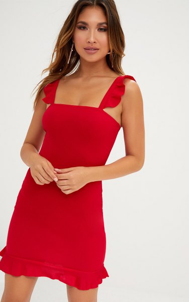 red ruffle strap mini dress in square neckline
