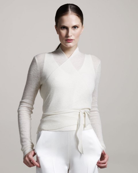 white semi clean belt sweater over the tank