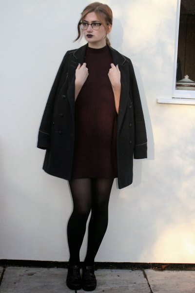 black turtleneck dress long wool coat