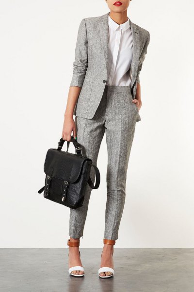 gray tweed suit white button up shirt