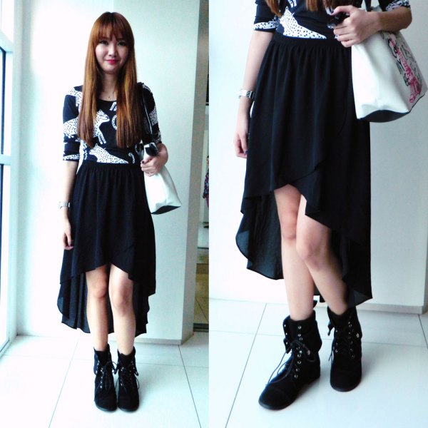 black and white printed top boots with low skirts