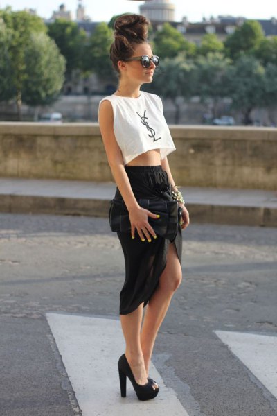 white sleeveless crop top black skirt