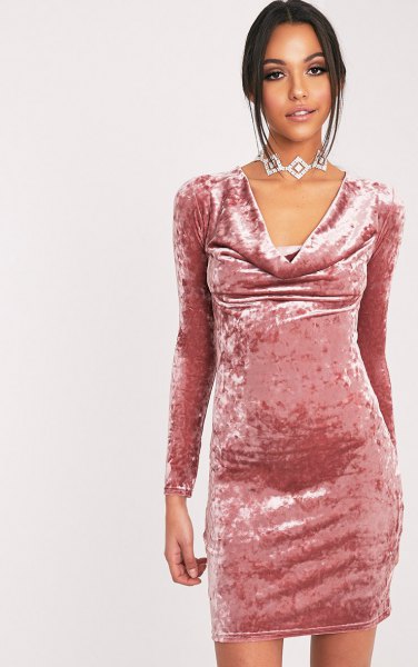 pink blazer neck velvet mini bodycon dress