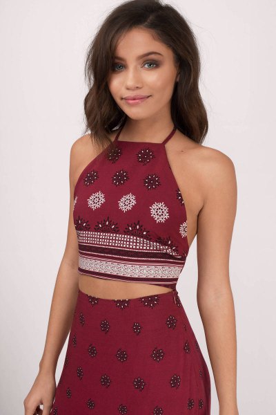 two piece red tribal printed halter dress