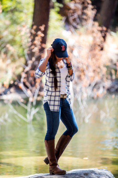 navy white white plaid shirt brown leather knee high boots