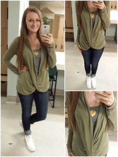 olive draped top over gray vest top