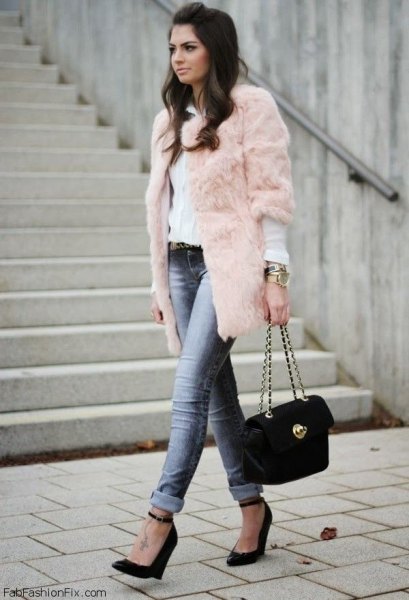 three quarter sleeve pink faux fur coat white blouse