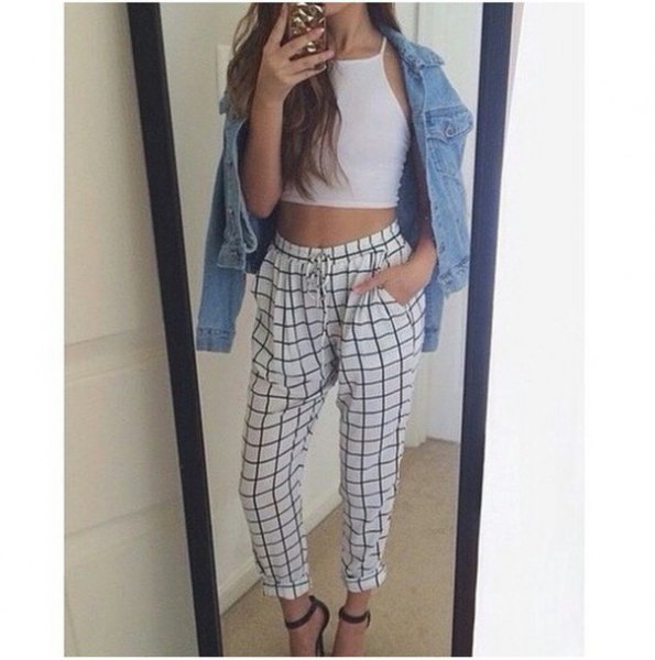 crop top white and black checkered linen trousers
