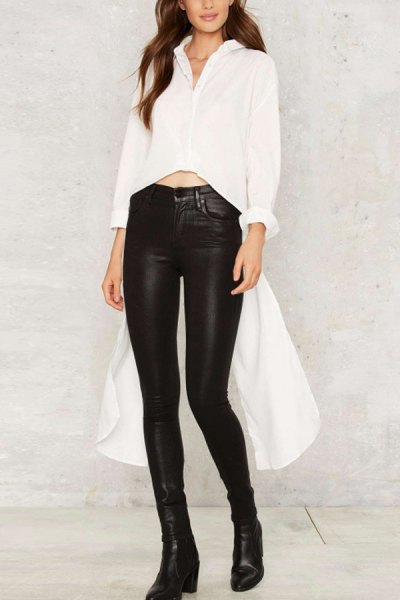 white button up high low shirt black leather leggings