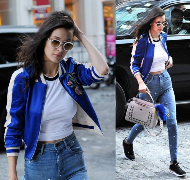 blue embroidered bomber jacket white tee