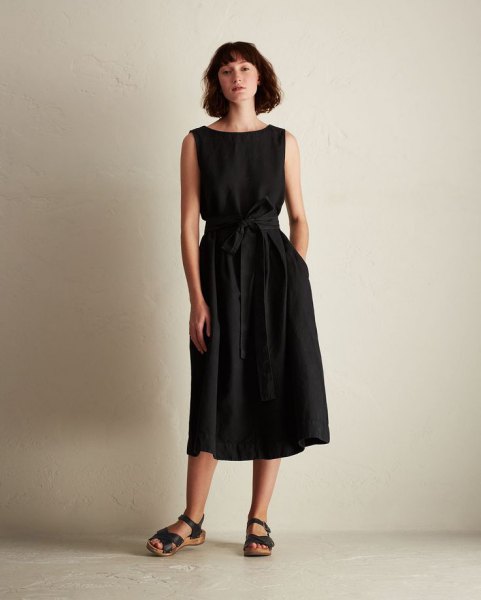black sleeveless belt midi flare linen dress