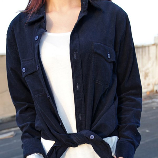 navy knotted corduroy shirt over white top