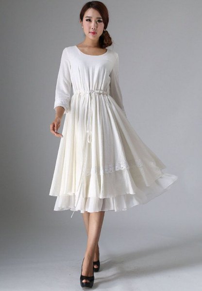 white belt flare layer flange linen dress