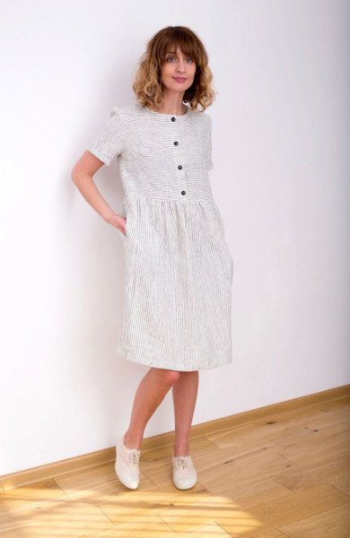 white striped button up knee length dress