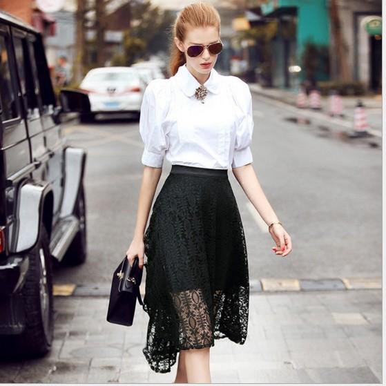 white collar puff sleeve blouse black lace skirt