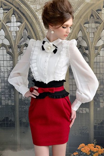 white puff sleeves red bodycon mini skirt