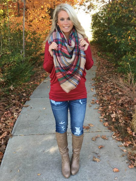 red dolman sleeve knit sweater plaid scarf