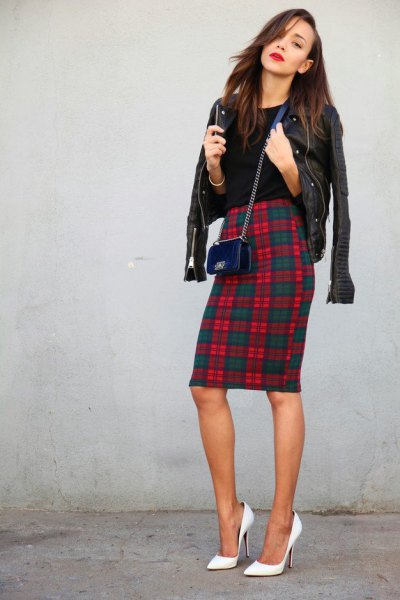 tartan pencil skirt leather jacket