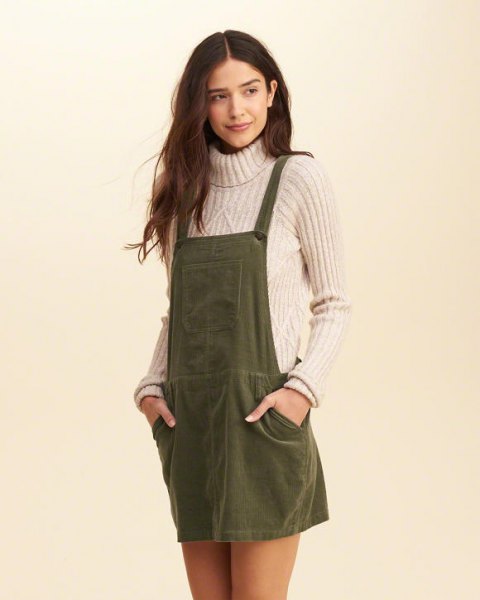overall dress light gray turtleneck cable knit sweater