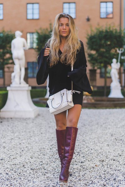 gray knee high leather boots outfit