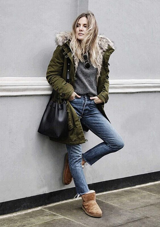 fur lined boots green parka