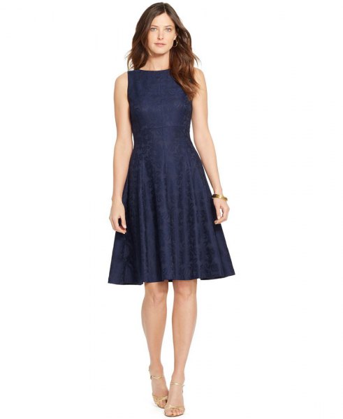 navy blue fit and flare boat neck dress