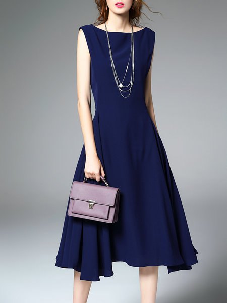 navy blue fit and flare ruffle midi dress