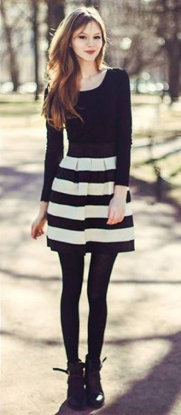 black long sleeve tee striped skater dress