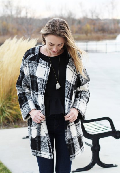 black and white plated wool coat