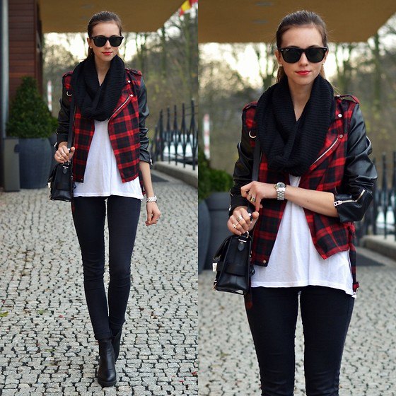 red and black checkered leather jacket white chiffon blouse