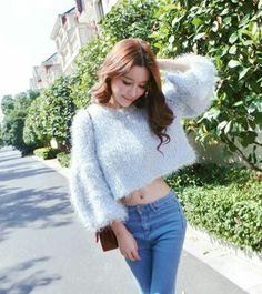 cropped fuzzy sweater jeans