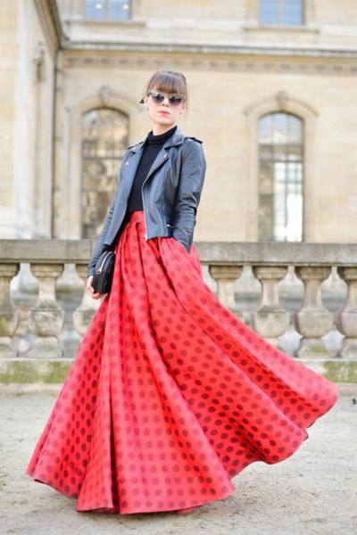 red breezy maxi skirt black leather jacket