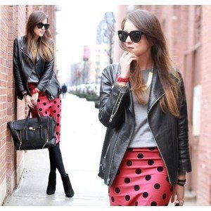 red and black polka dot pencil skirt leather jacket