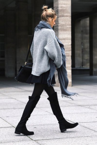 black wide calf knee high boots gray knitted sweater