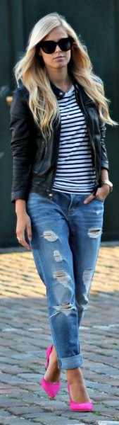 black and white striped tee leather jacket