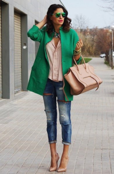 green wool coat jeans pink heels