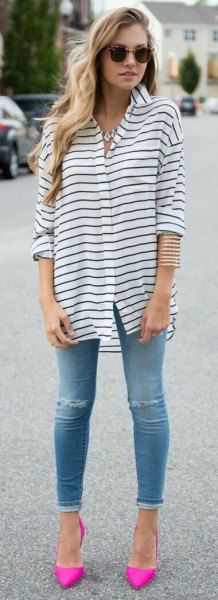 pink pointed toe pumps black and white striped shirt