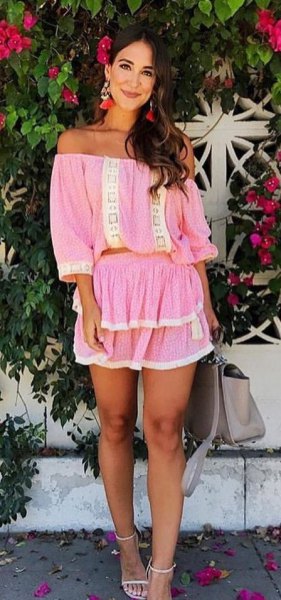 pink ruffle mini skirt from shoulder top