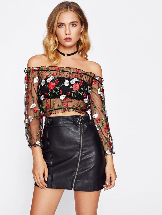 embroidered mesh top leather skirt from the shoulder 