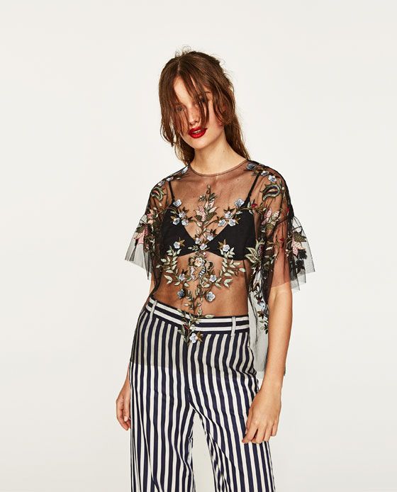 embroidered mesh top striped pants