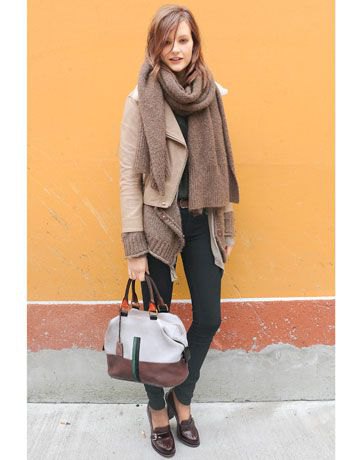 black loafers ivory leather jacket green scarf
