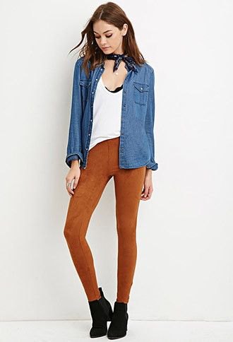 camel suede leggings white vest top chambray shirt