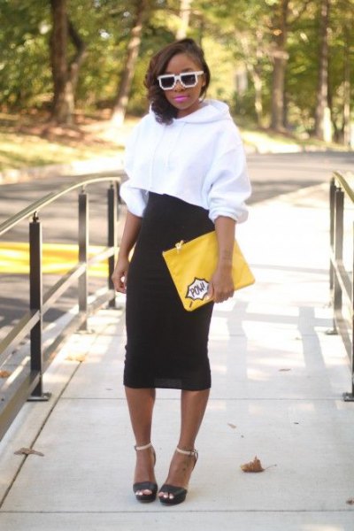 white cropped hoodie black midi skirt with high waist