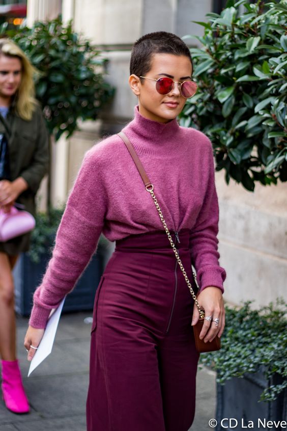 purple trousers pink sweater
