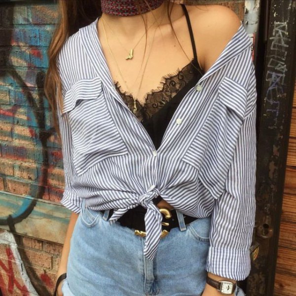 black lace bralette a shoulder knotted sweater with denim shorts