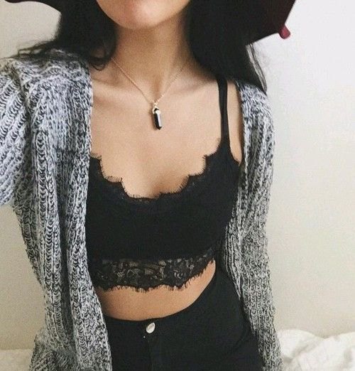 heather gray knitted sweater cardigan black bralette