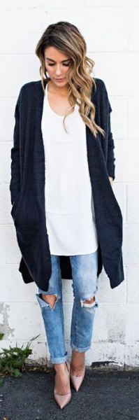 black long cardigan white oversized vest top