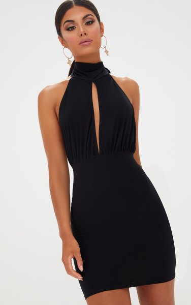 black open chest bodycon dress with high neck