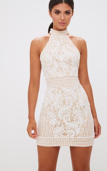 white halter lace crochet mini bodycon dress
