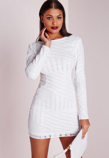 white long-sleeved bodycon mini dress subtle pattern